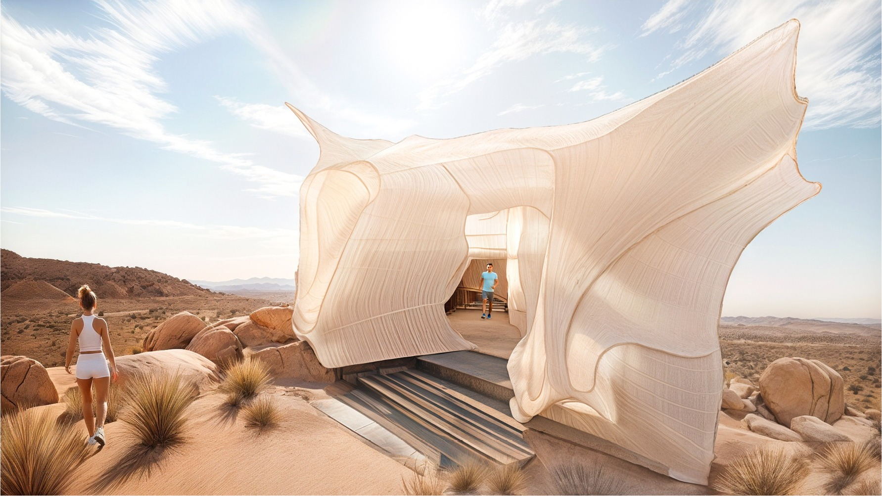Generative Render: Exterior perspective view of the Cabin showing the Entrance