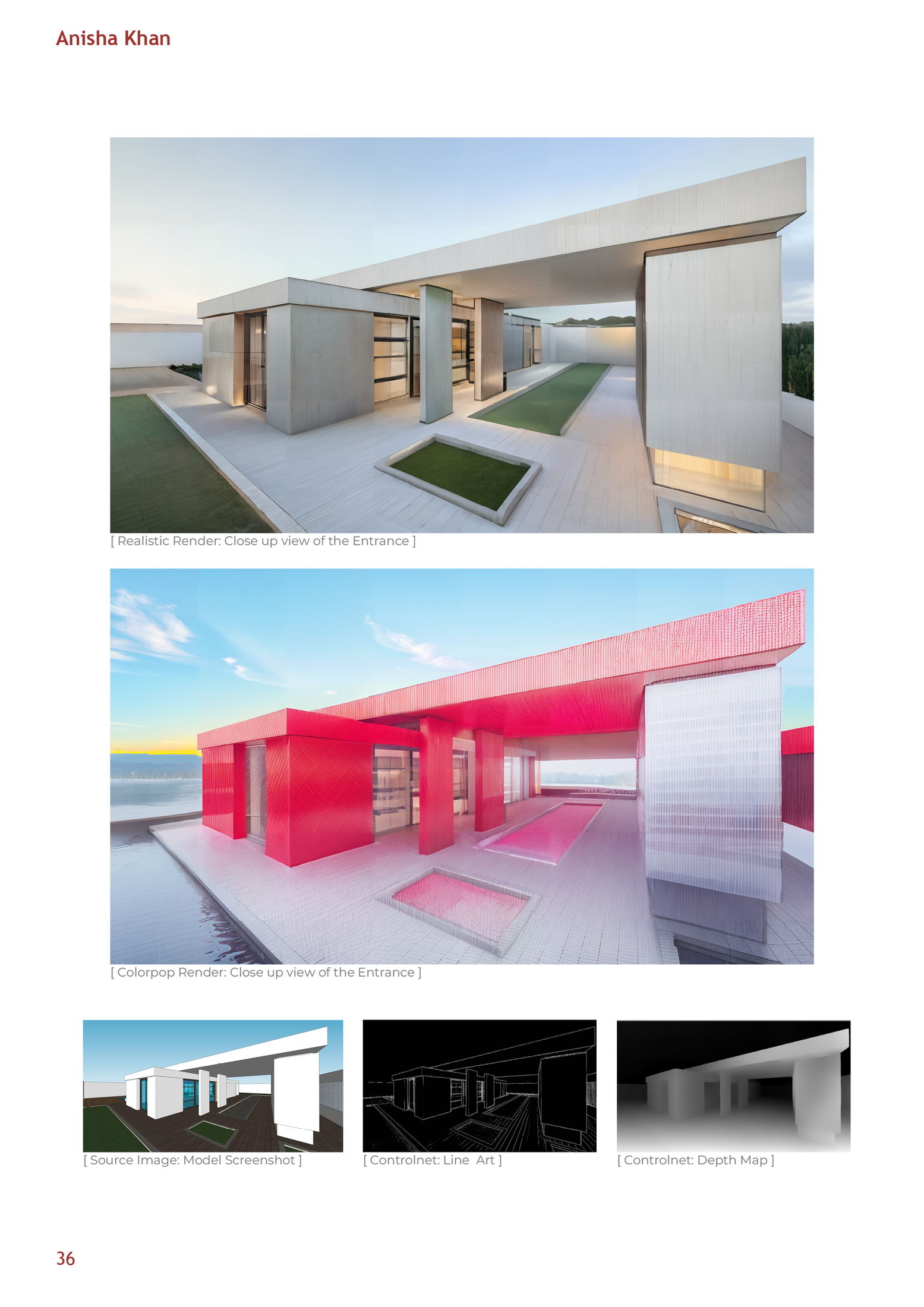 Entrance view — ControlNet LineArt, Depth, realistic, and color-pop outputs