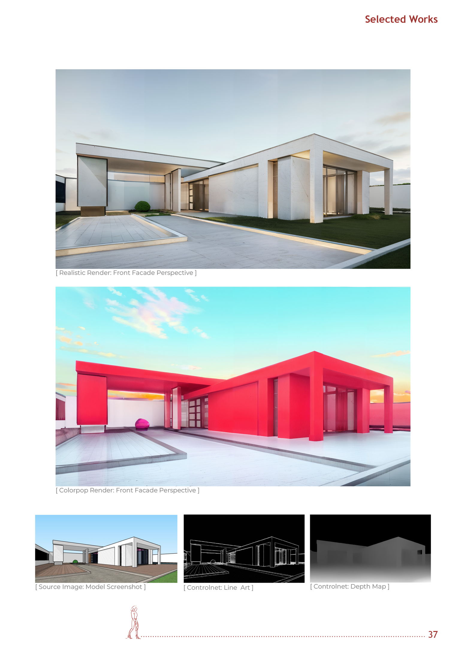 Front facade — ControlNet wireframe, depth map, and dual render comparison