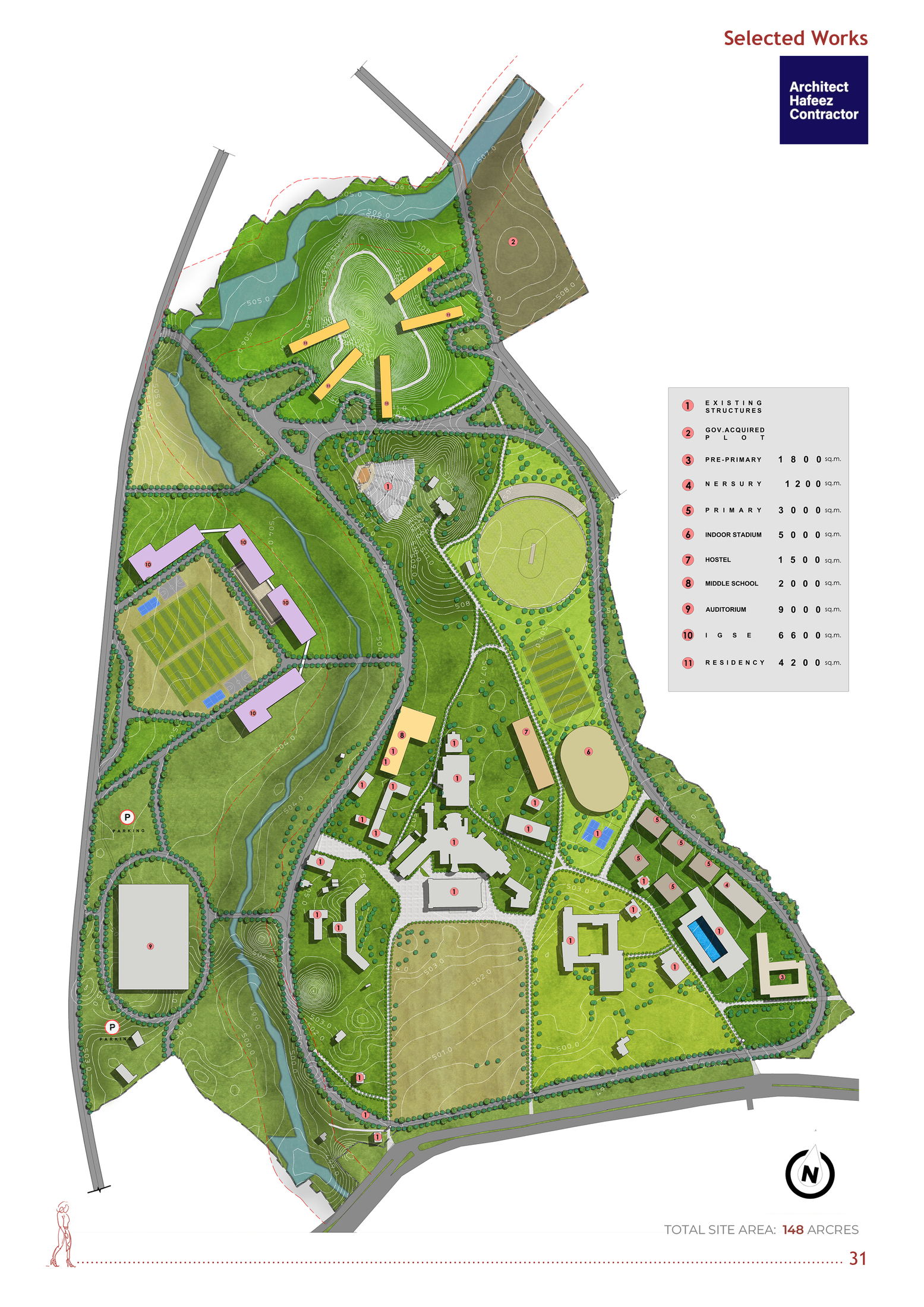 148-acre campus master plan with 11-zone program legend