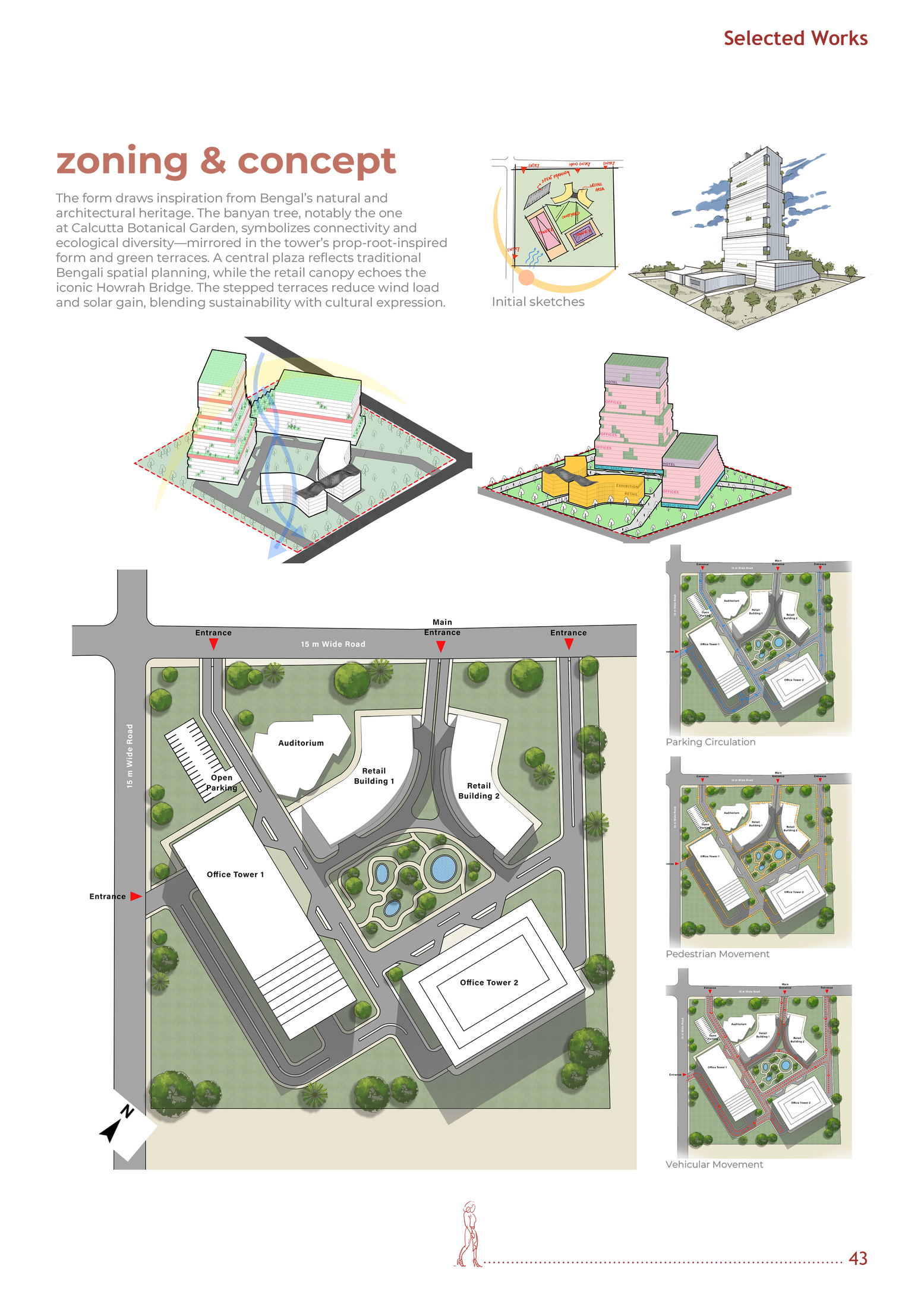 Master site plan, zoning axonometrics, and circulation diagrams