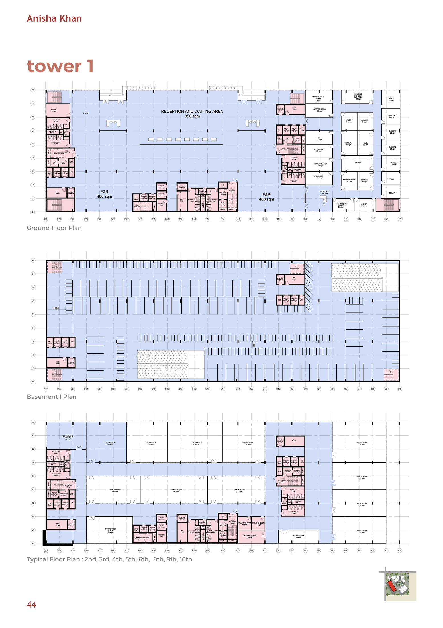 Tower 1 floor plans — lobby, basement parking, typical office